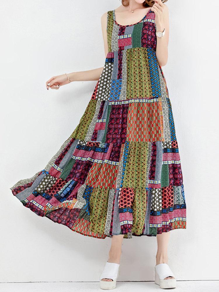 Bohemian Patchwork Sleeveless O-Neck Long Maxi Dresses