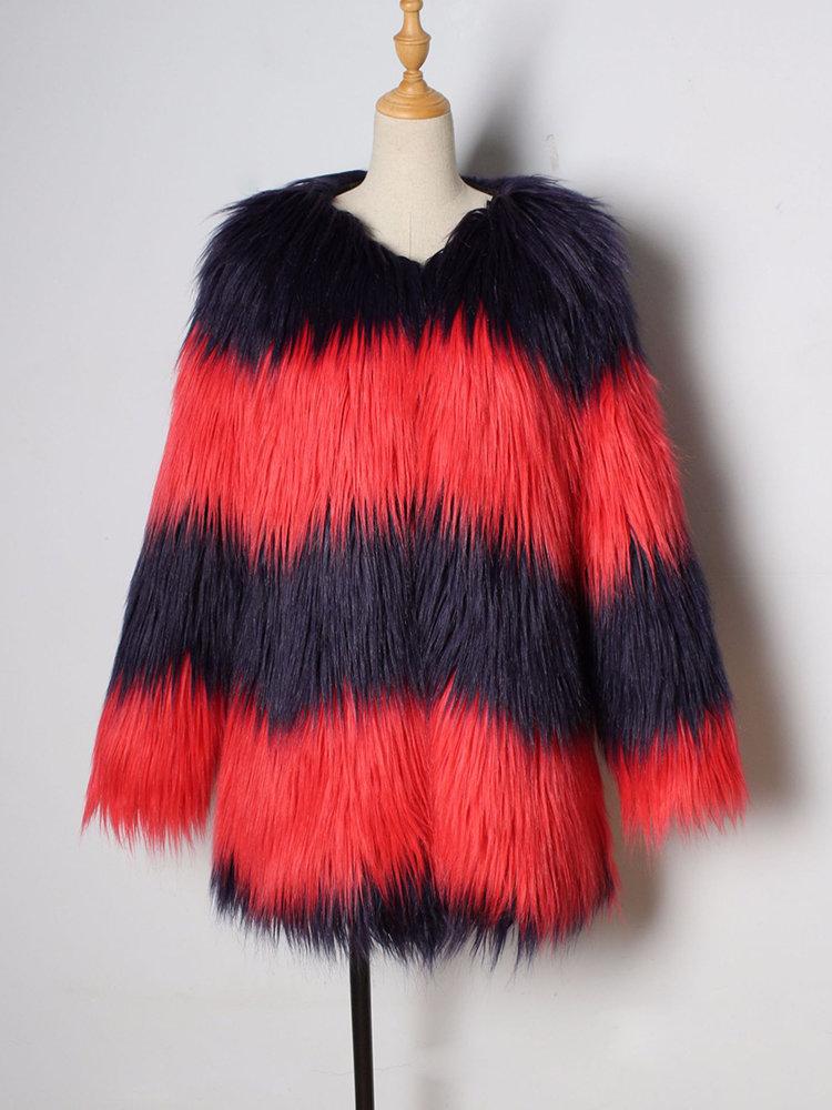 Elegant Patchwork Two Tone Faux Fur Coat