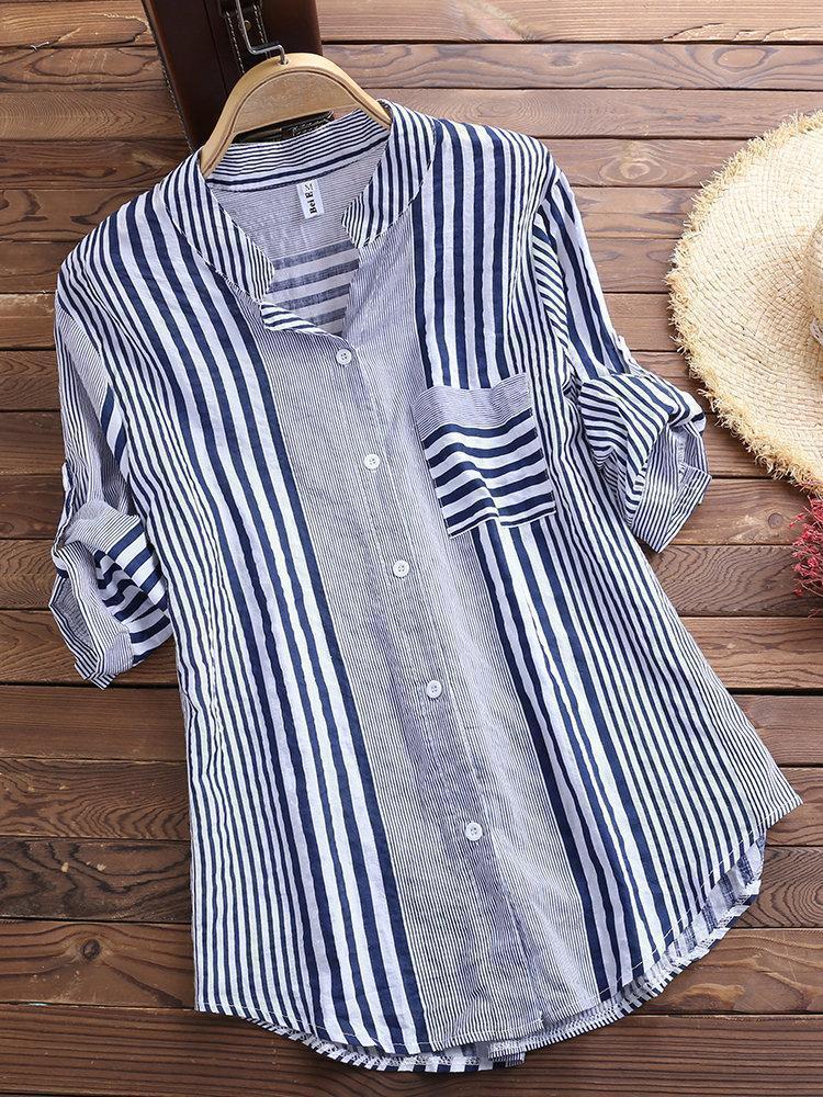 Patchwork Stripe Print Stand Collar Irregular Casual Shirts