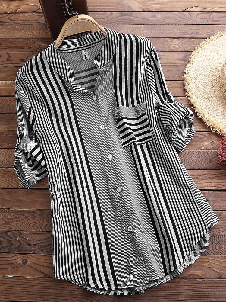 Patchwork Stripe Print Stand Collar Irregular Casual Shirts