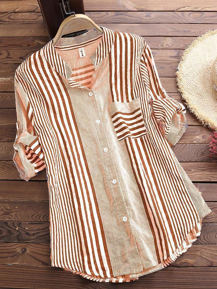 Patchwork Stripe Print Stand Collar Irregular Casual Shirts