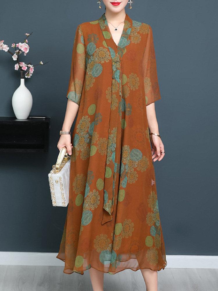 Vintage Print 3/4 Sleeve V-neck Tie Elegant Dresses