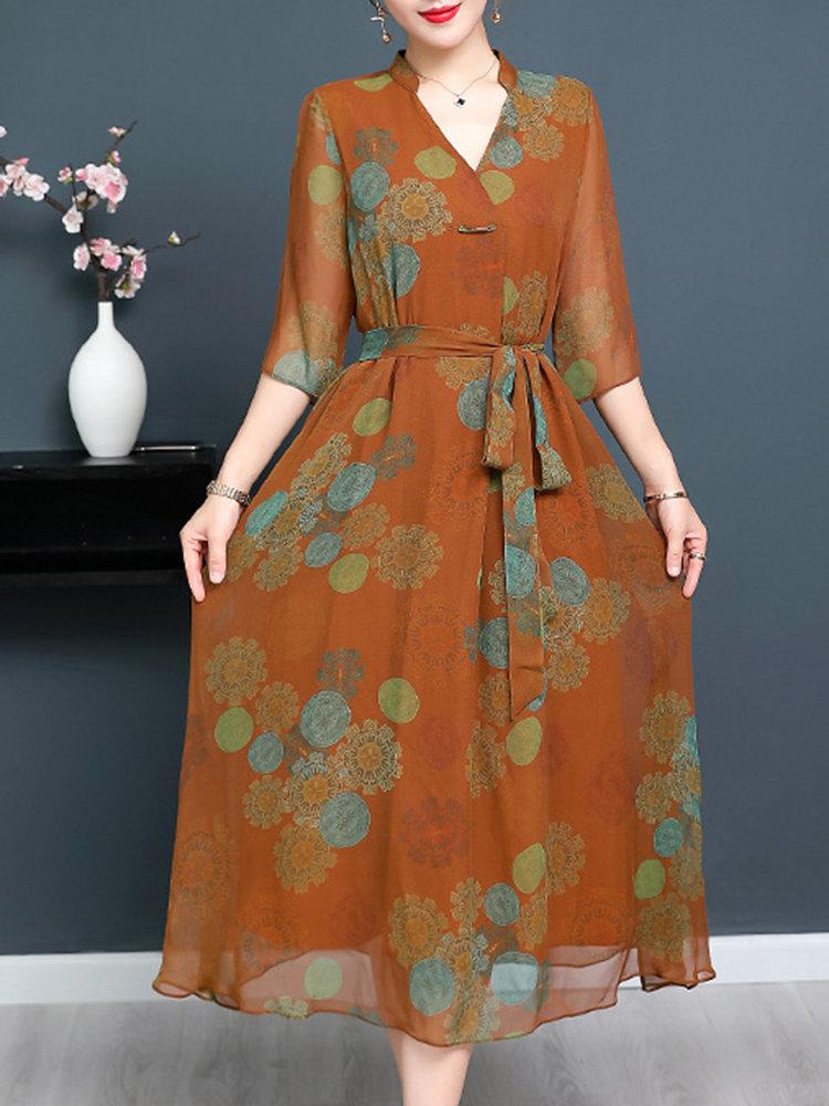 Vintage Print 3/4 Sleeve V-neck Tie Elegant Dresses