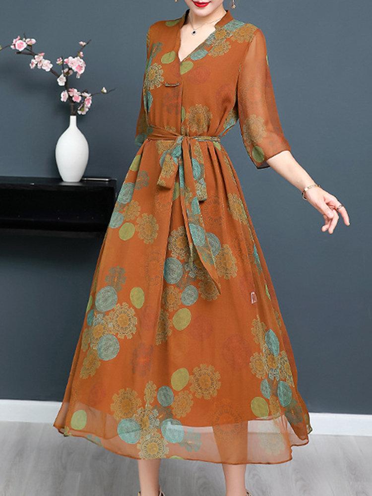 Vintage Print 3/4 Sleeve V-neck Tie Elegant Dresses