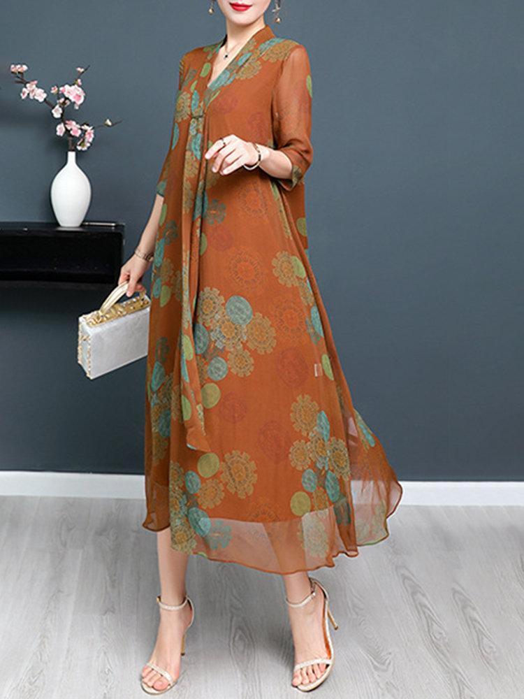 Vintage Print 3/4 Sleeve V-neck Tie Elegant Dresses