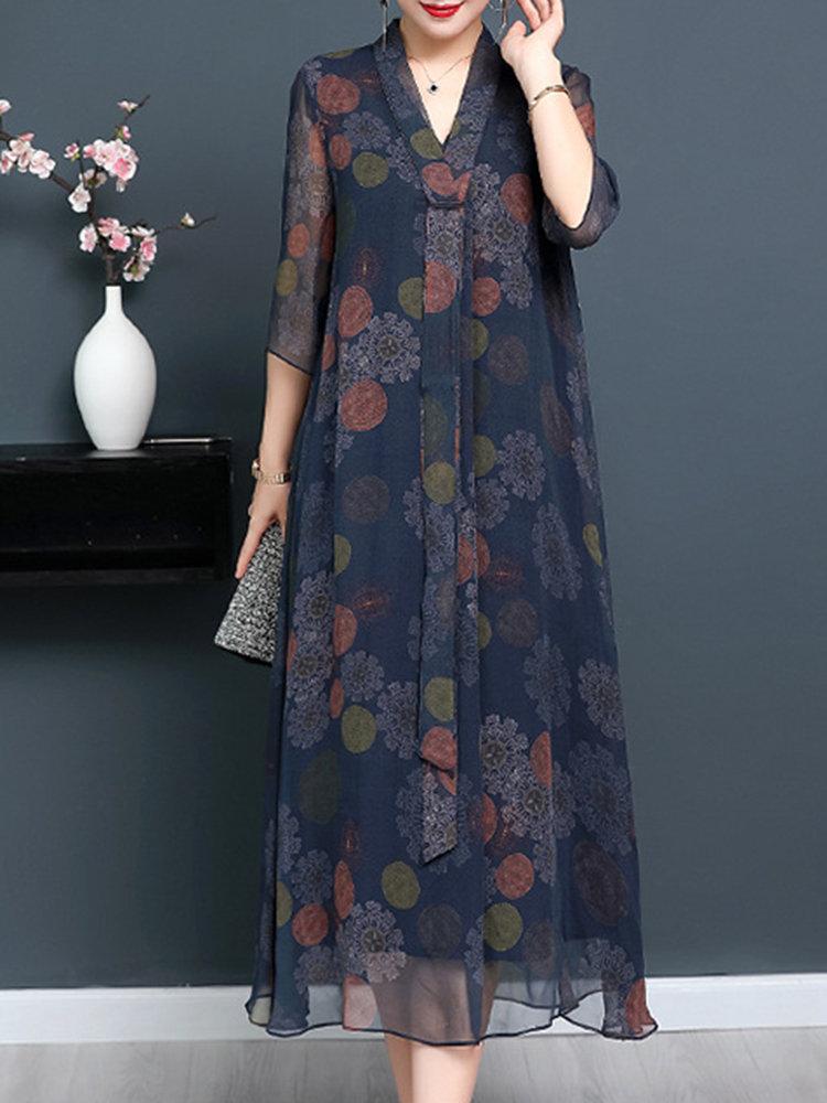 Vintage Print 3/4 Sleeve V-neck Tie Elegant Dresses