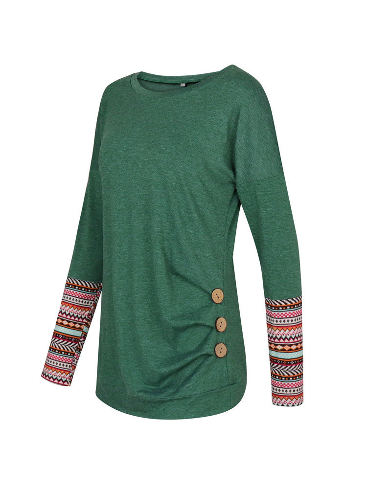 Casual Brief Solid Color Button Decorated O-Neck Long Sleeve Blouses