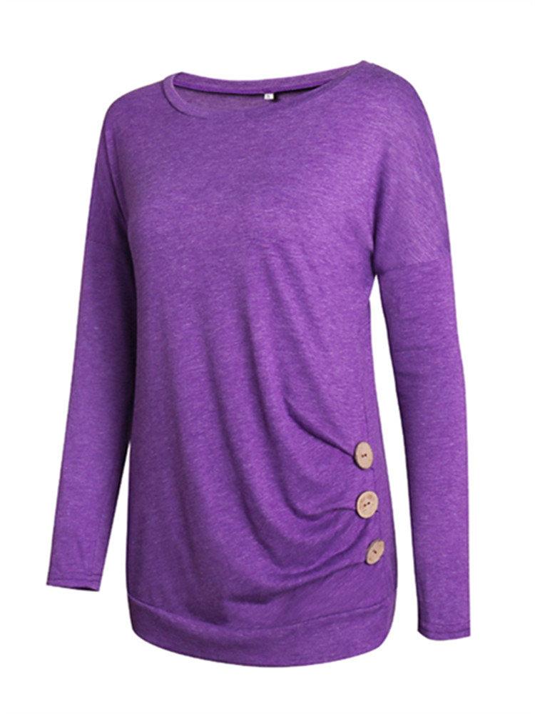 Casual Brief Solid Color Button Decorated O-Neck Long Sleeve Blouses