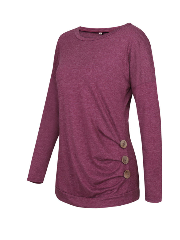 Casual Brief Solid Color Button Decorated O-Neck Long Sleeve Blouses