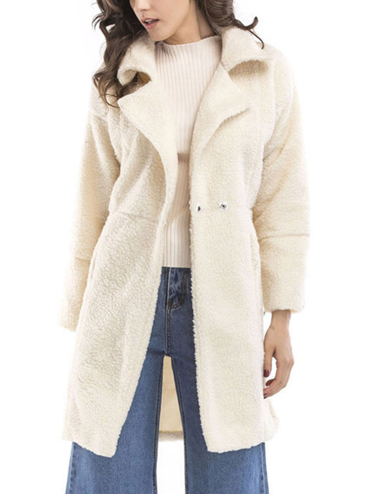 Casual Pure Color Cashmere Lapel Long Sleeve Women Coats