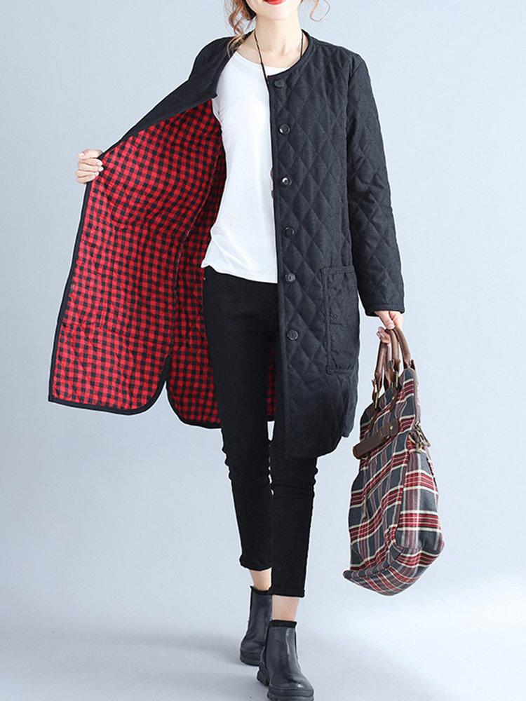 Casual Plaid Thicken Splited Button Long Sleeve Women Coats