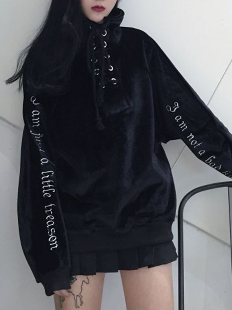 Casual Velvet Letter Print Bandage Turtleneck Women Sweatshirts