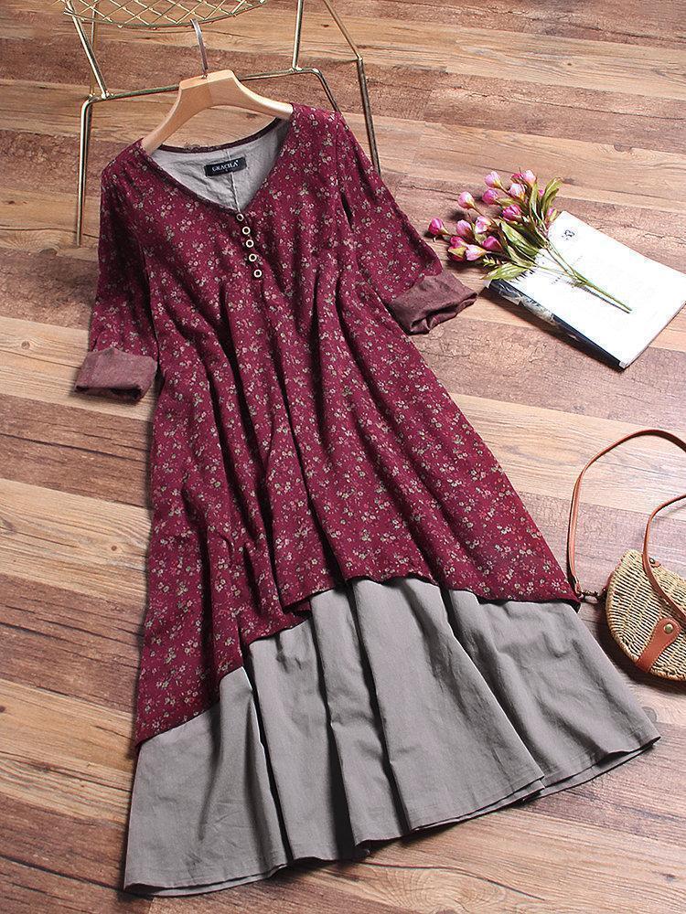 Floral Printed Two Layers Long Sleeve Vintage Dresses