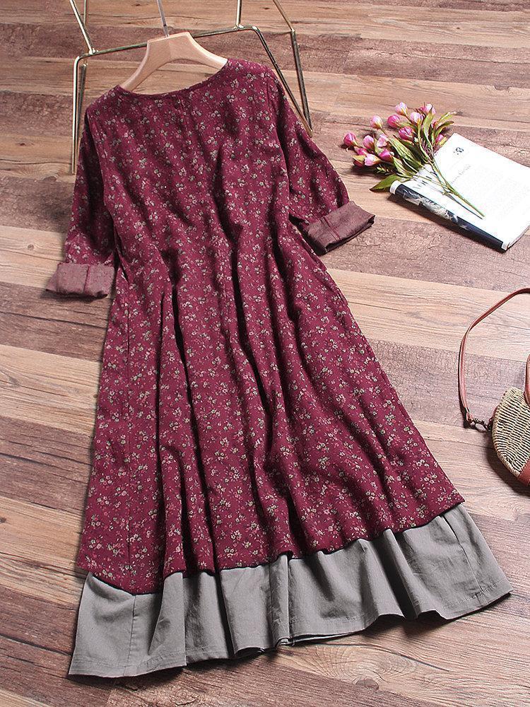 Floral Printed Two Layers Long Sleeve Vintage Dresses