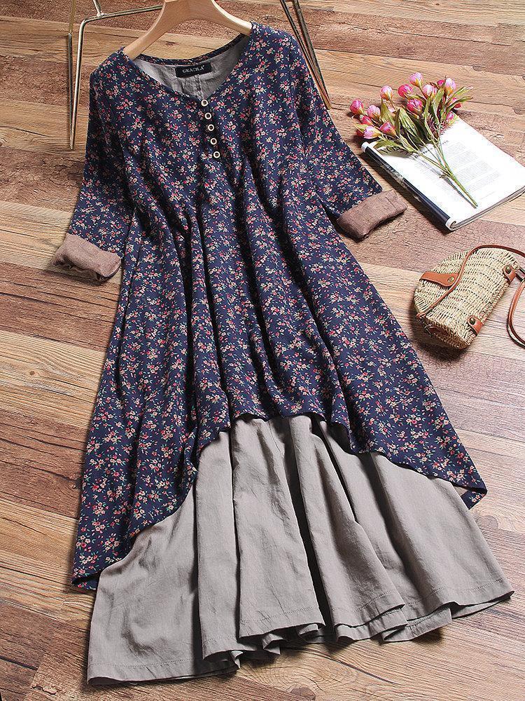 Floral Printed Two Layers Long Sleeve Vintage Dresses