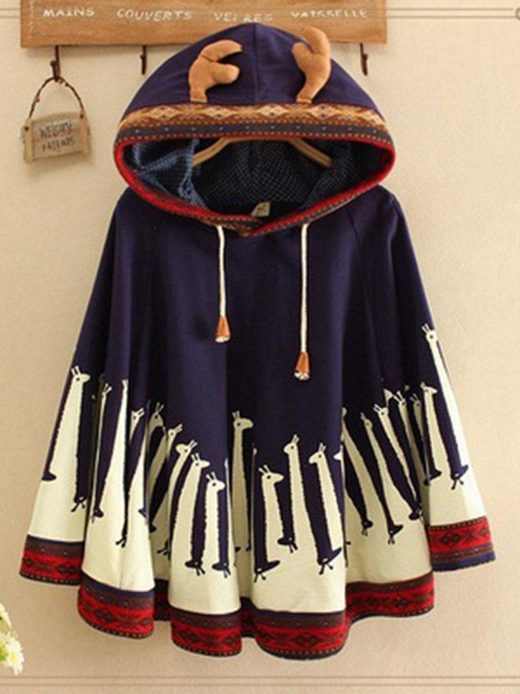 Printed Giraffe Oversized Antler Short Cloak Hoodies