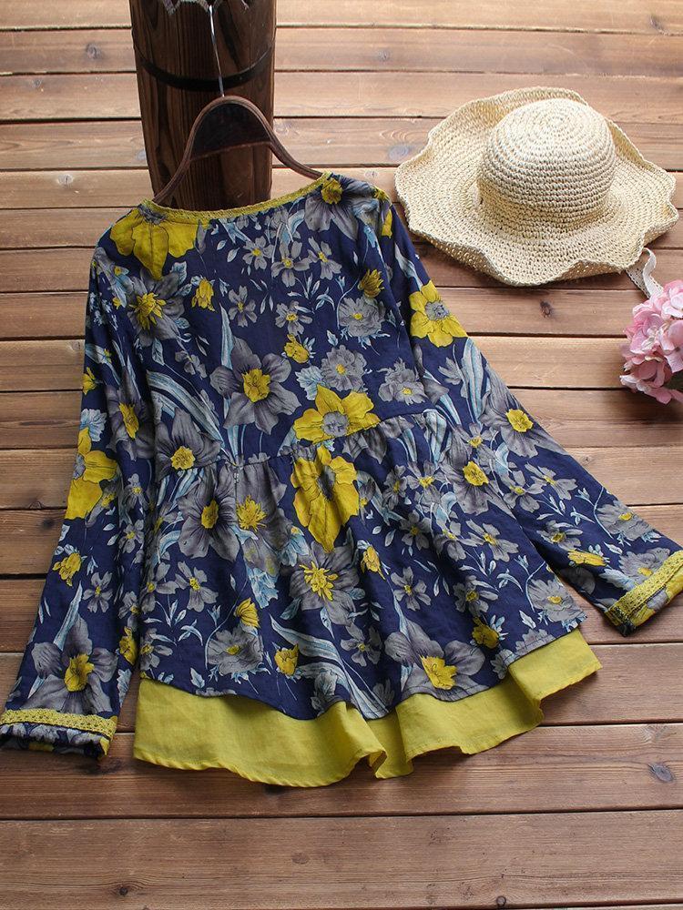 V-neck Floral Print Patchwork Long Sleeve Vintage Blouses