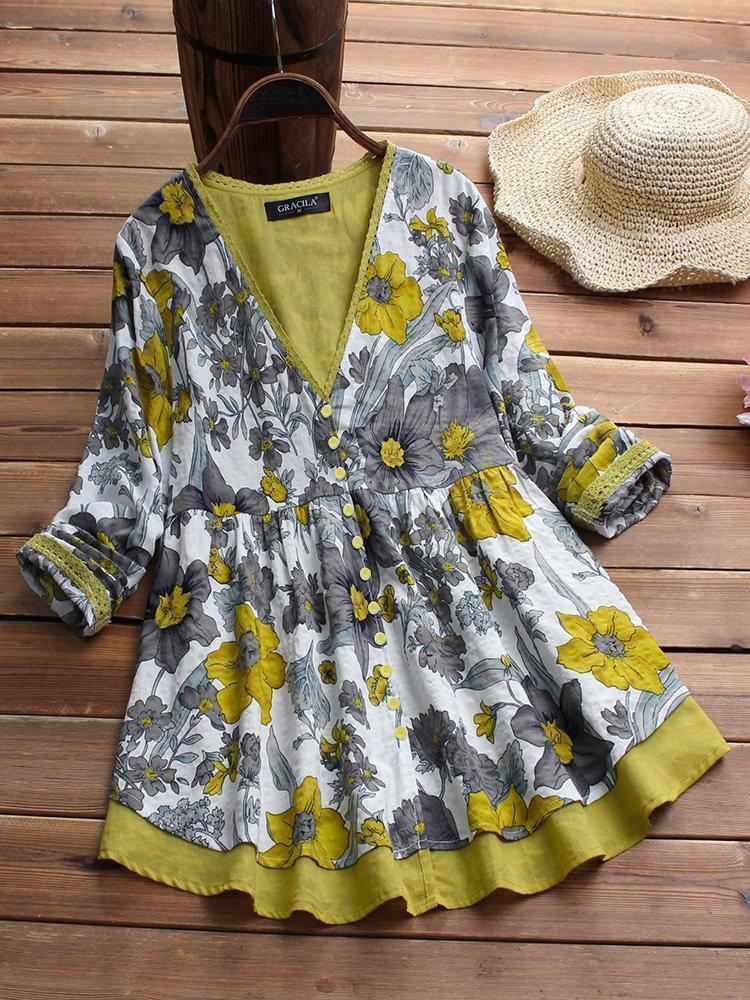 V-neck Floral Print Patchwork Long Sleeve Vintage Blouses