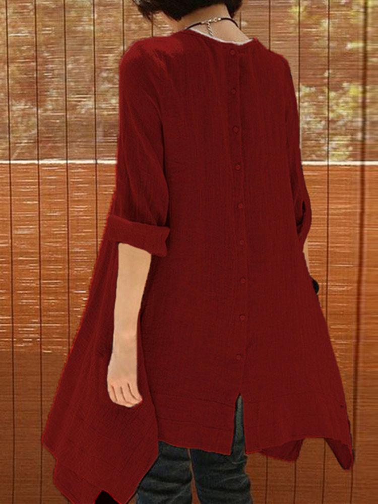 Women Long Sleeve Pure Color Asymmetrical Loose Shirts