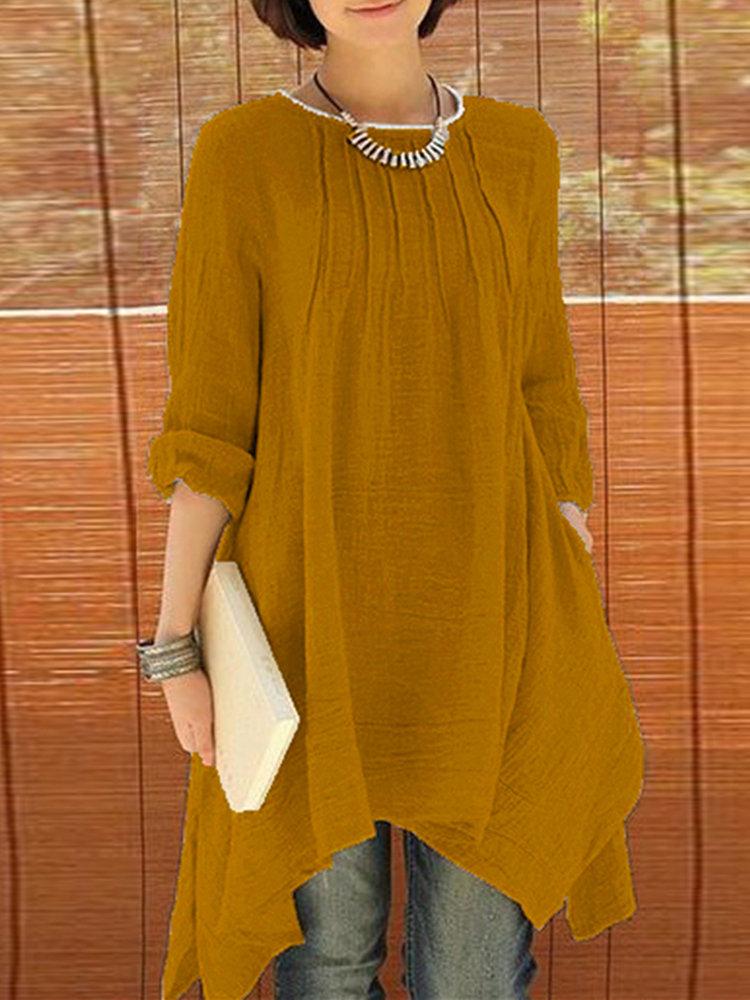 Women Long Sleeve Pure Color Asymmetrical Loose Shirts