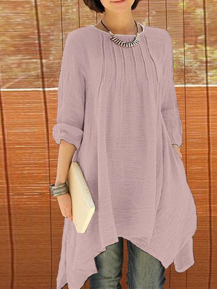 Women Long Sleeve Pure Color Asymmetrical Loose Shirts