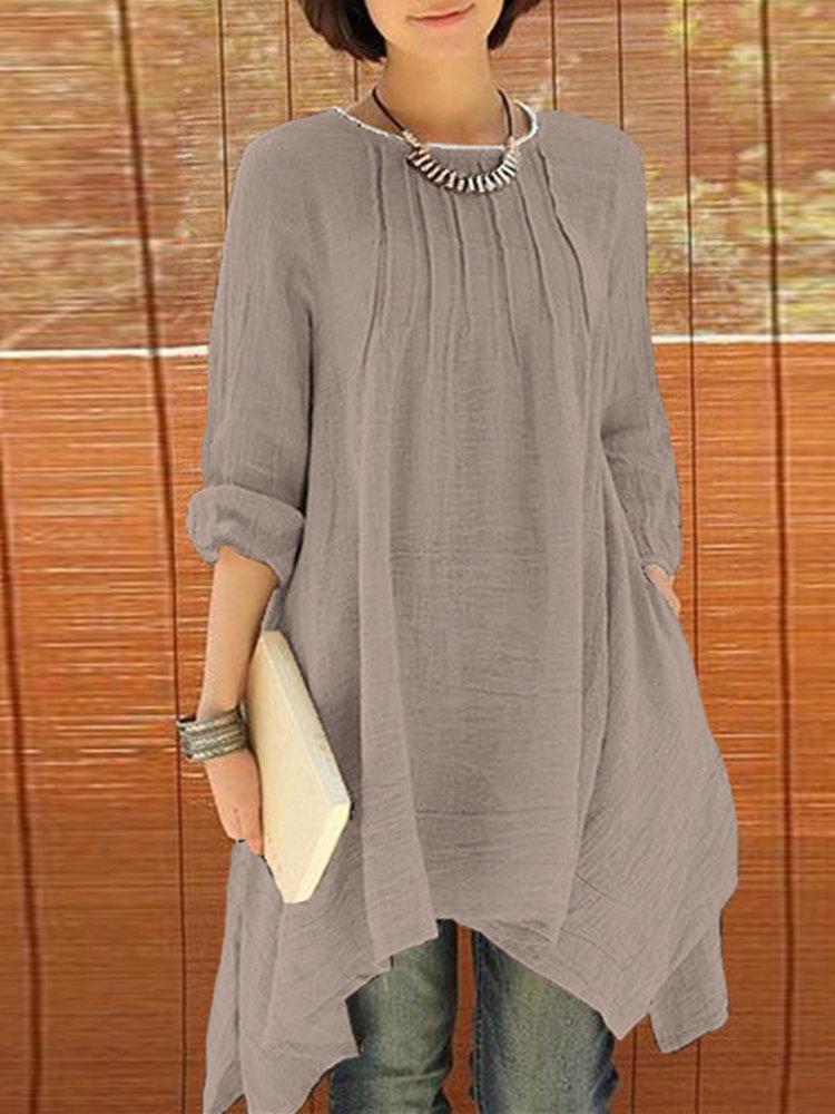 Women Long Sleeve Pure Color Asymmetrical Loose Shirts