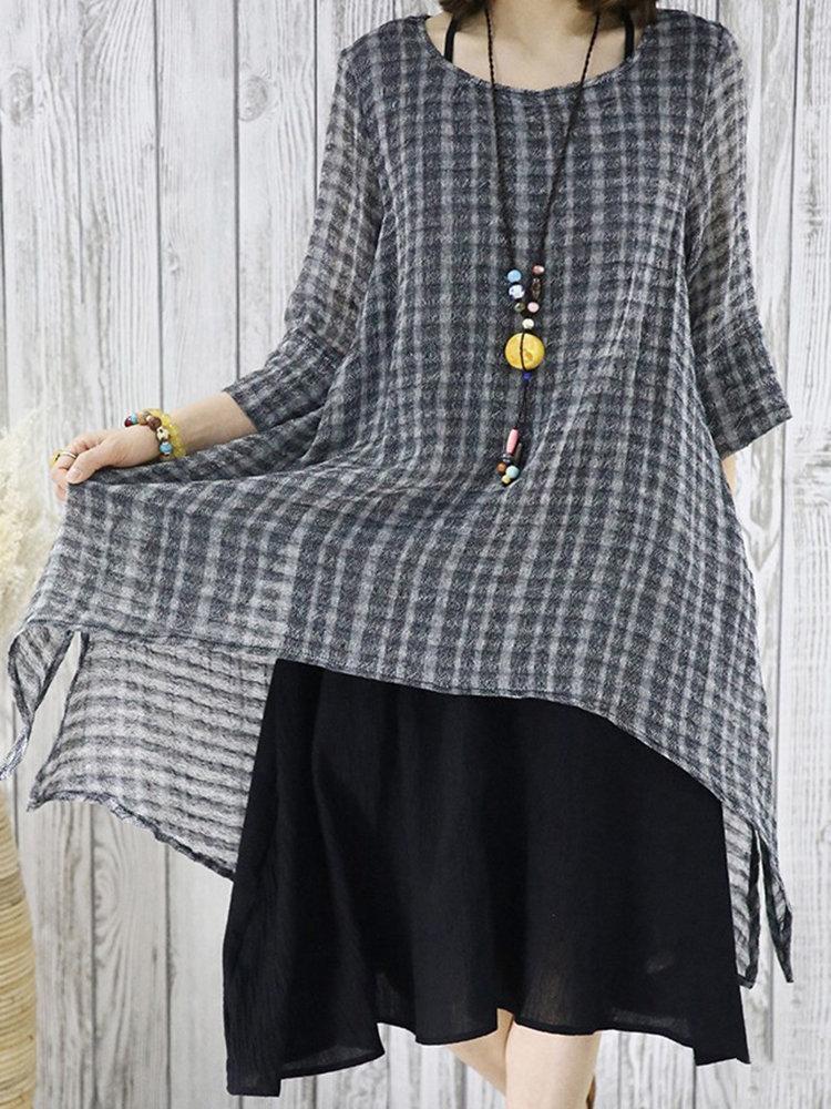 Vintage Plaid Print Layered Irregular 3/4 Sleeve Dresses For Women