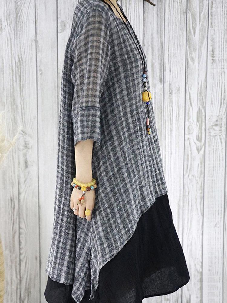 Vintage Plaid Print Layered Irregular 3/4 Sleeve Dresses For Women