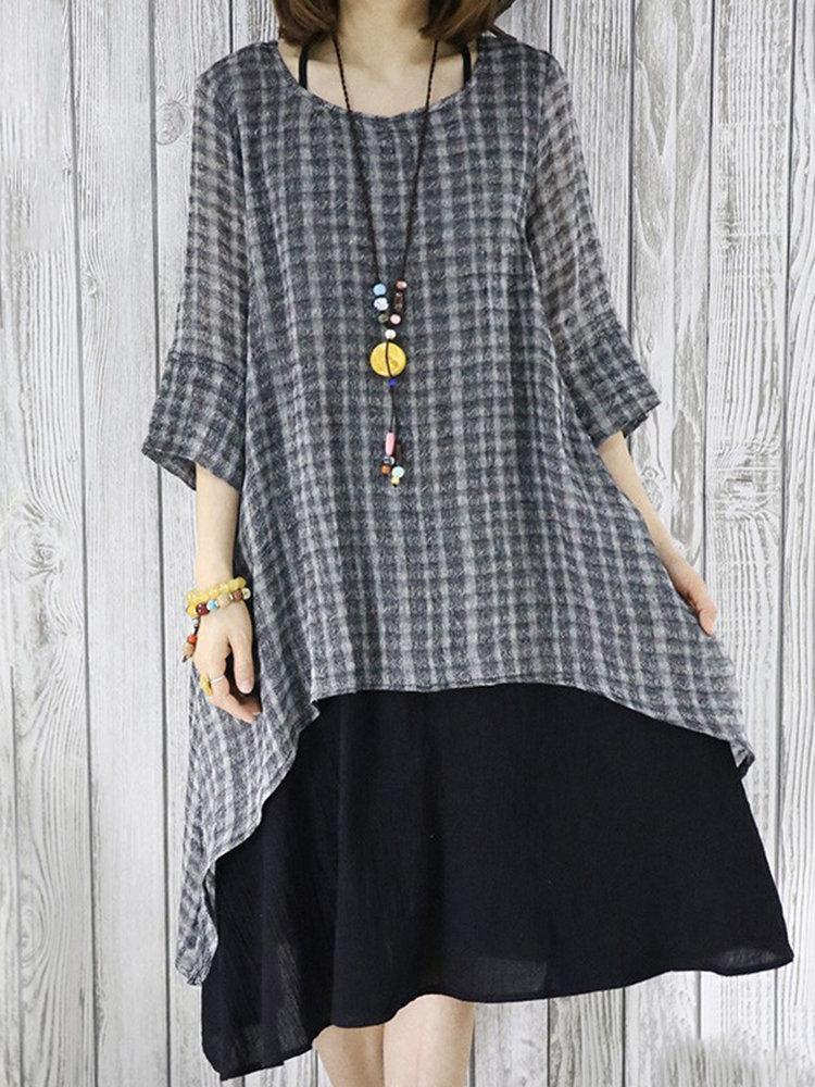 Vintage Plaid Print Layered Irregular 3/4 Sleeve Dresses For Women