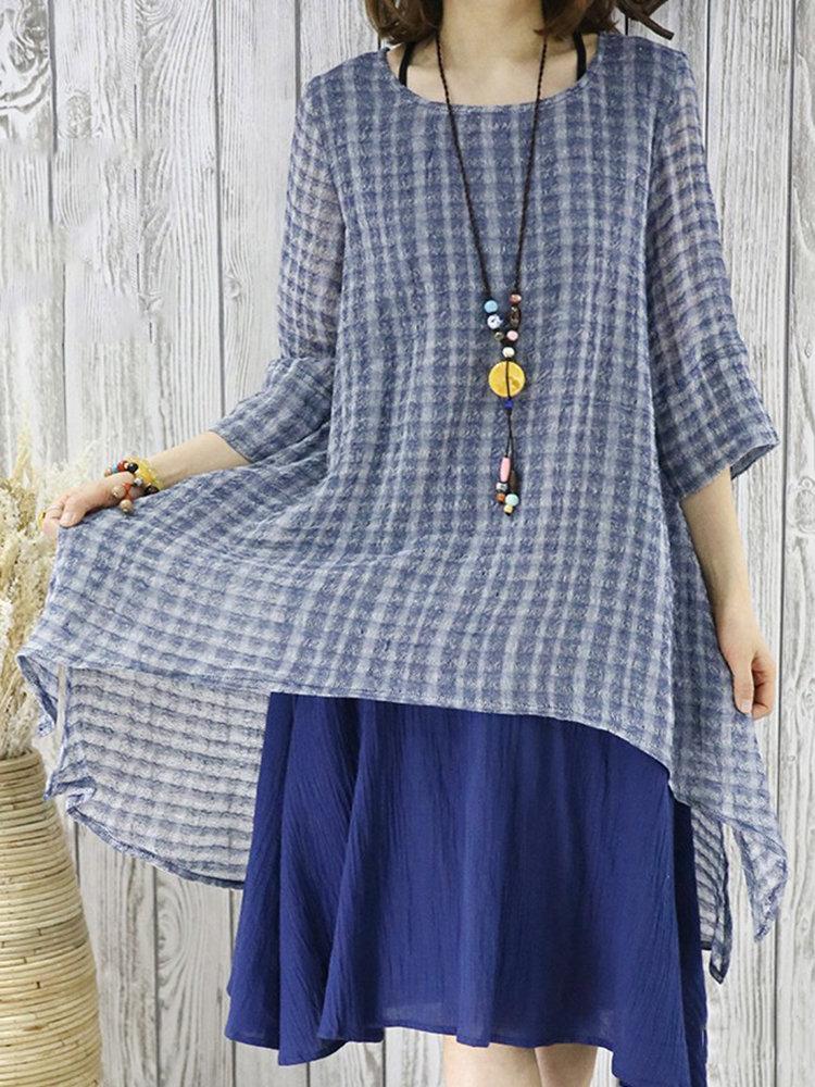 Vintage Plaid Print Layered Irregular 3/4 Sleeve Dresses For Women