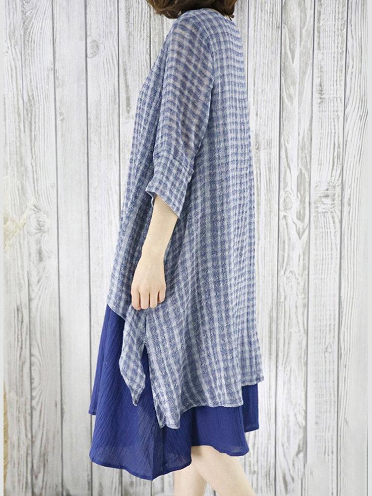 Vintage Plaid Print Layered Irregular 3/4 Sleeve Dresses For Women