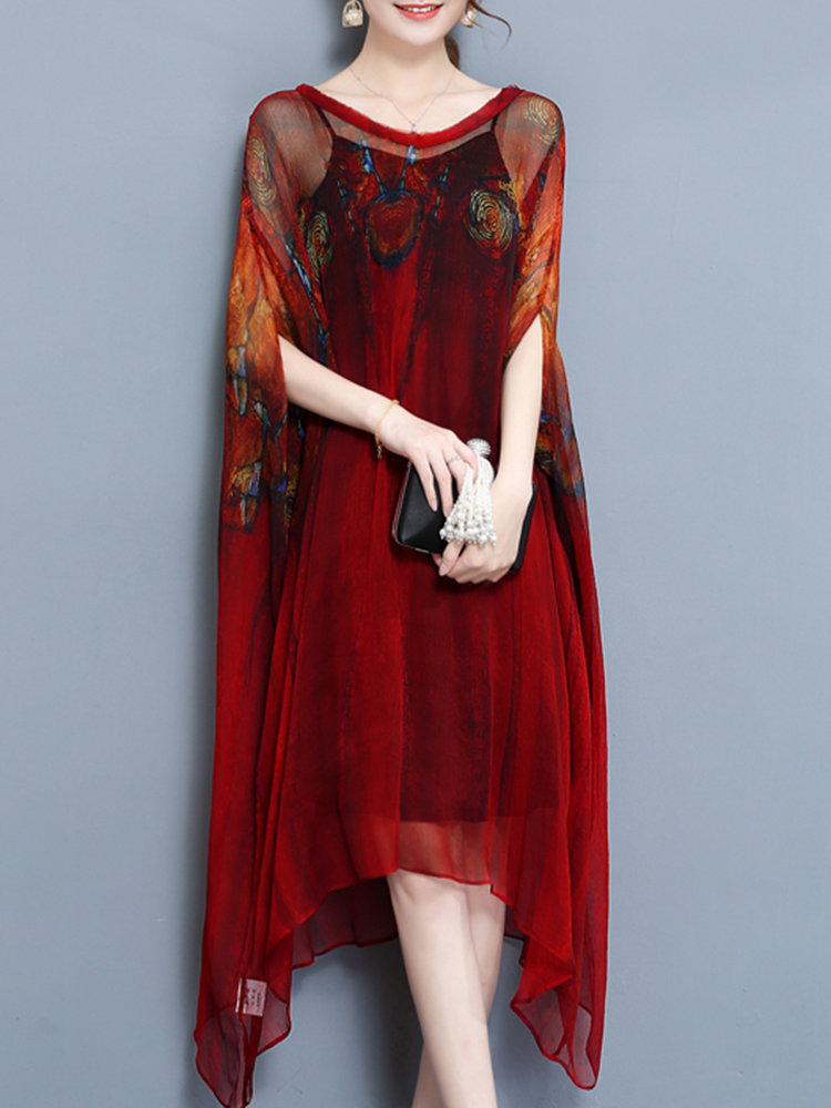 Vintage Printed Batwing Sleeve Irregular Hem Layered V-Neck Dresses