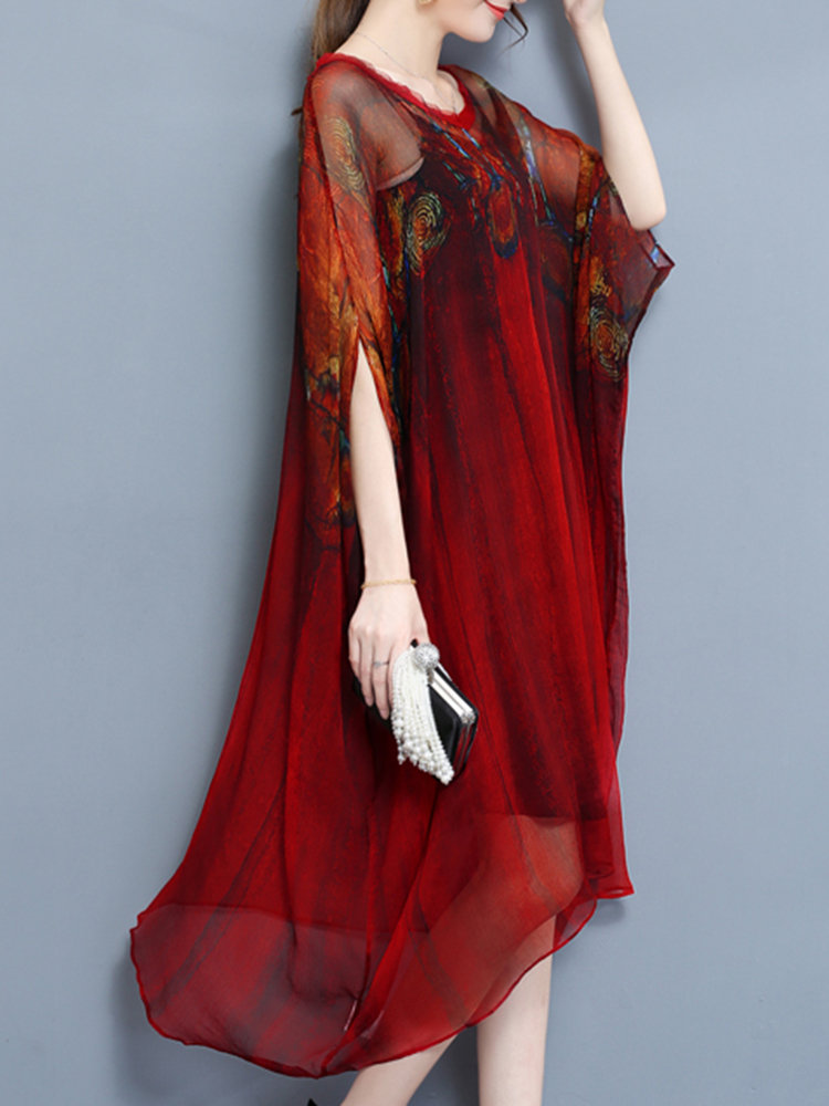 Vintage Printed Batwing Sleeve Irregular Hem Layered V-Neck Dresses