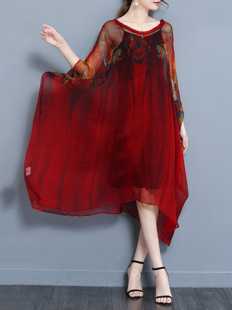 Vintage Printed Batwing Sleeve Irregular Hem Layered V-Neck Dresses