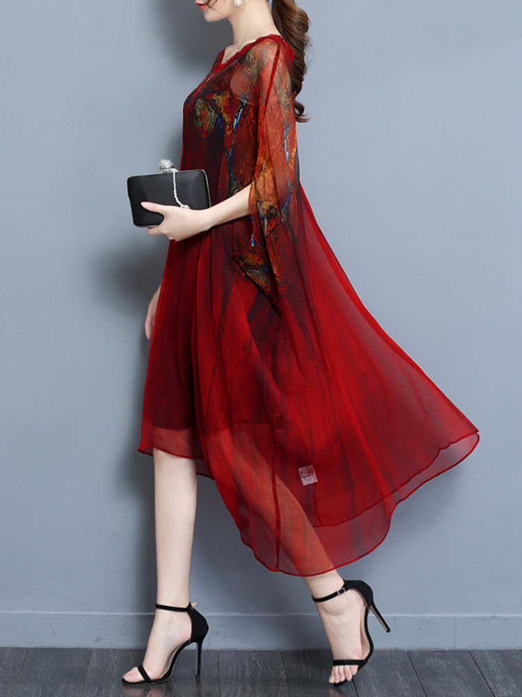 Vintage Printed Batwing Sleeve Irregular Hem Layered V-Neck Dresses