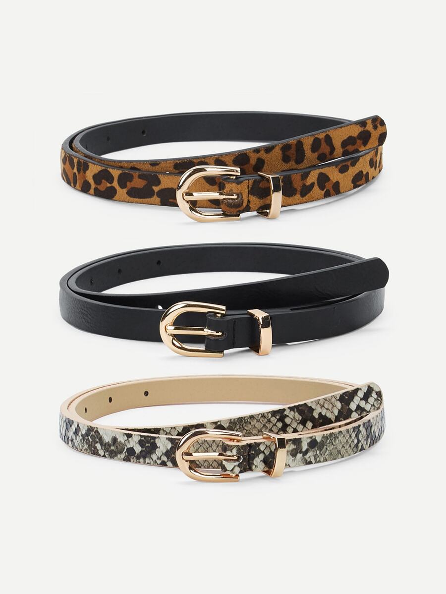 Mix Pattern Metal Buckle Skinny Belt 3pack