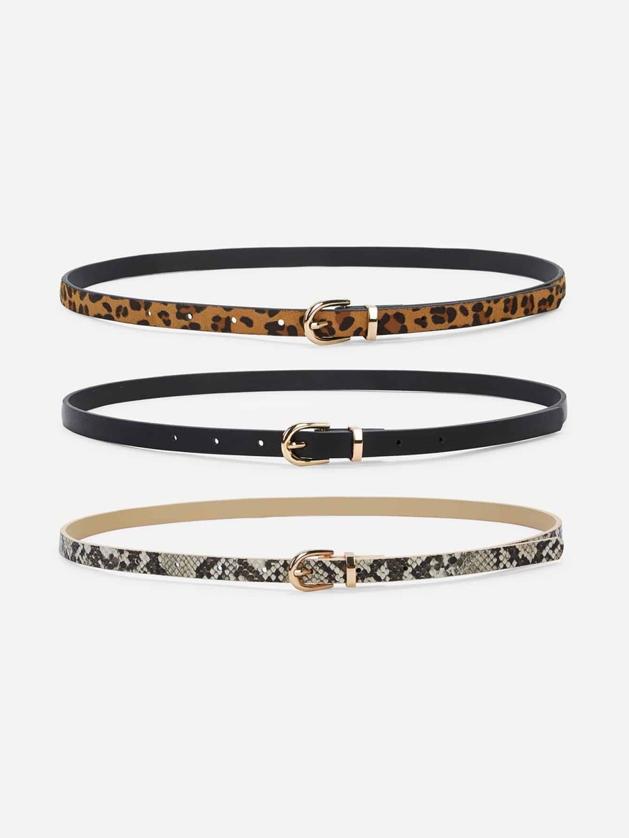 Mix Pattern Metal Buckle Skinny Belt 3pack