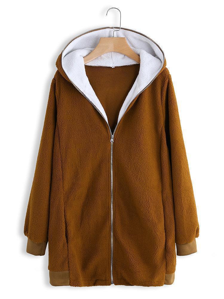 Solid Color Long Sleeve Autumn Winter Plush Long Hooded Sweatshirt