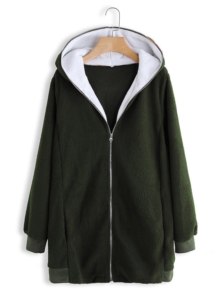 Solid Color Long Sleeve Autumn Winter Plush Long Hooded Sweatshirt