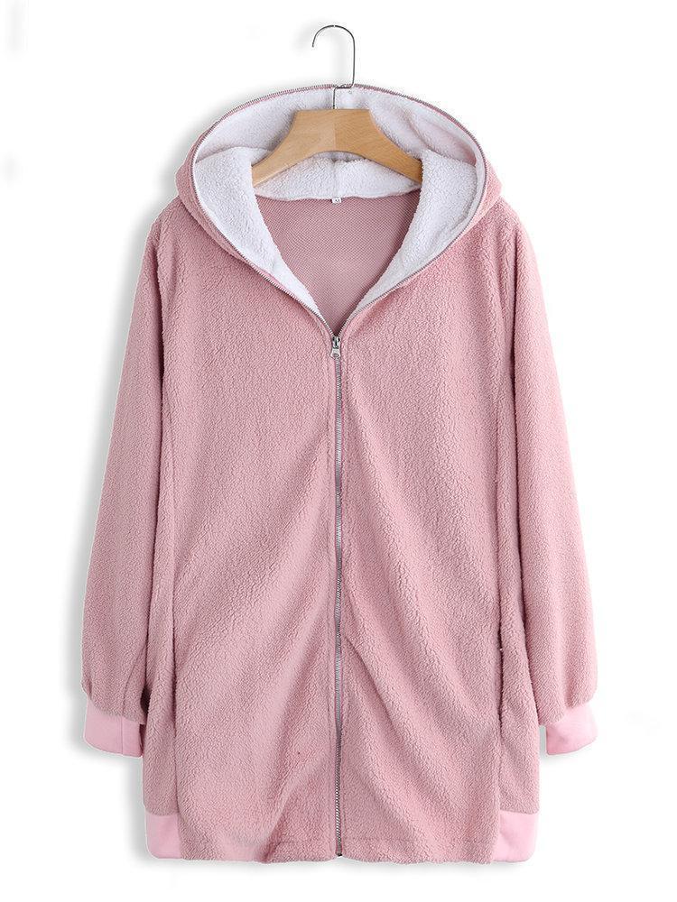 Solid Color Long Sleeve Autumn Winter Plush Long Hooded Sweatshirt