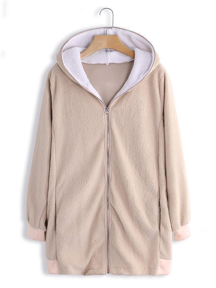 Solid Color Long Sleeve Autumn Winter Plush Long Hooded Sweatshirt