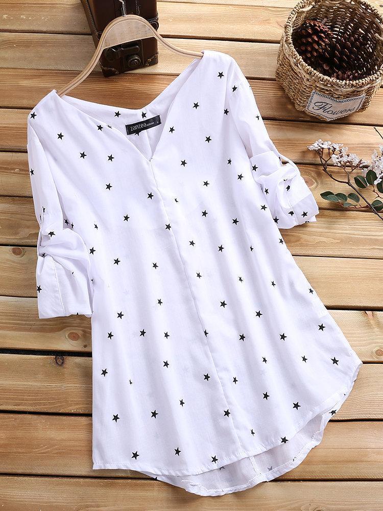 Star Printing 3/4 Sleeve V-Neck Irregular Loose Shirts