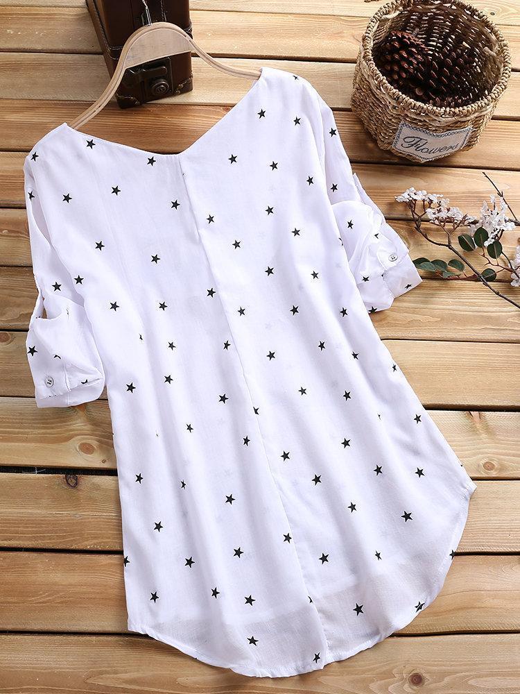 Star Printing 3/4 Sleeve V-Neck Irregular Loose Shirts