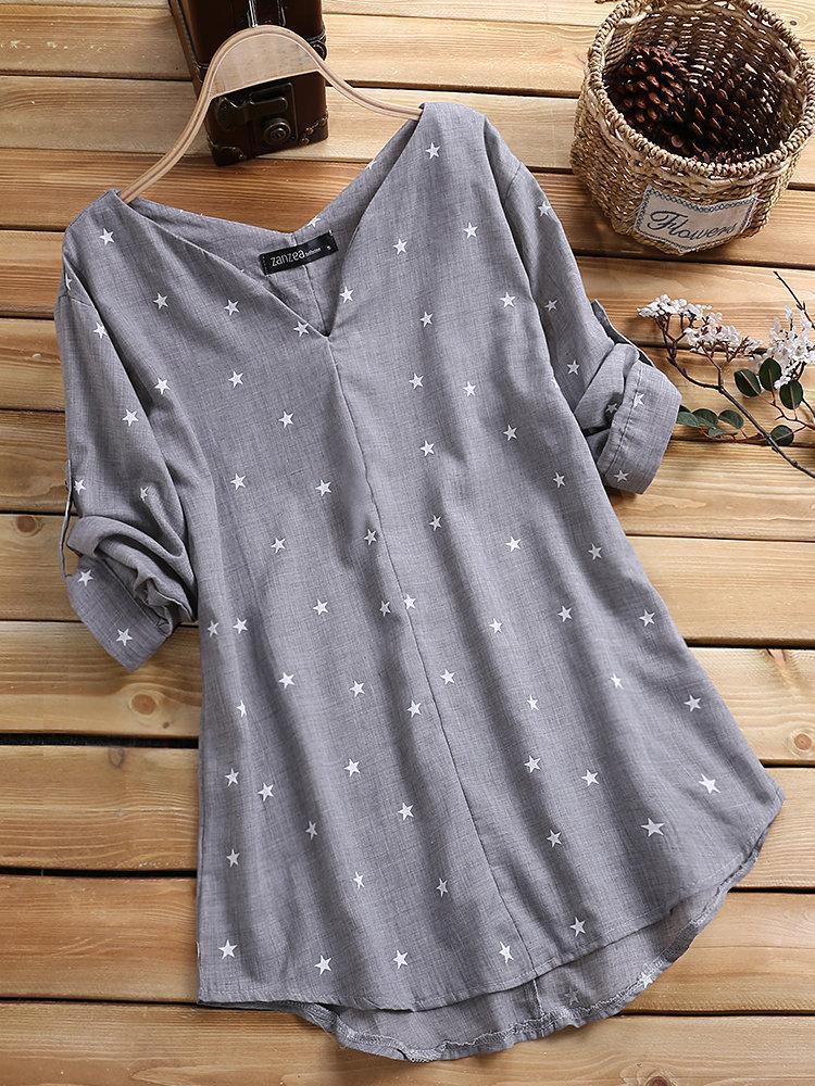 Star Printing 3/4 Sleeve V-Neck Irregular Loose Shirts