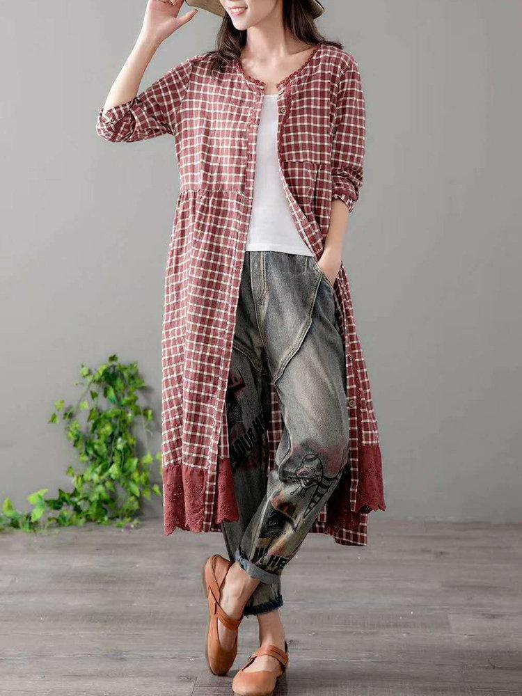 Plaid Embroidered Patchwork Long Sleeve Vintage Coat