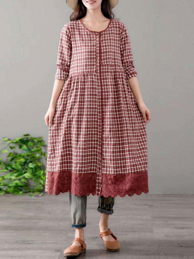 Plaid Embroidered Patchwork Long Sleeve Vintage Coat