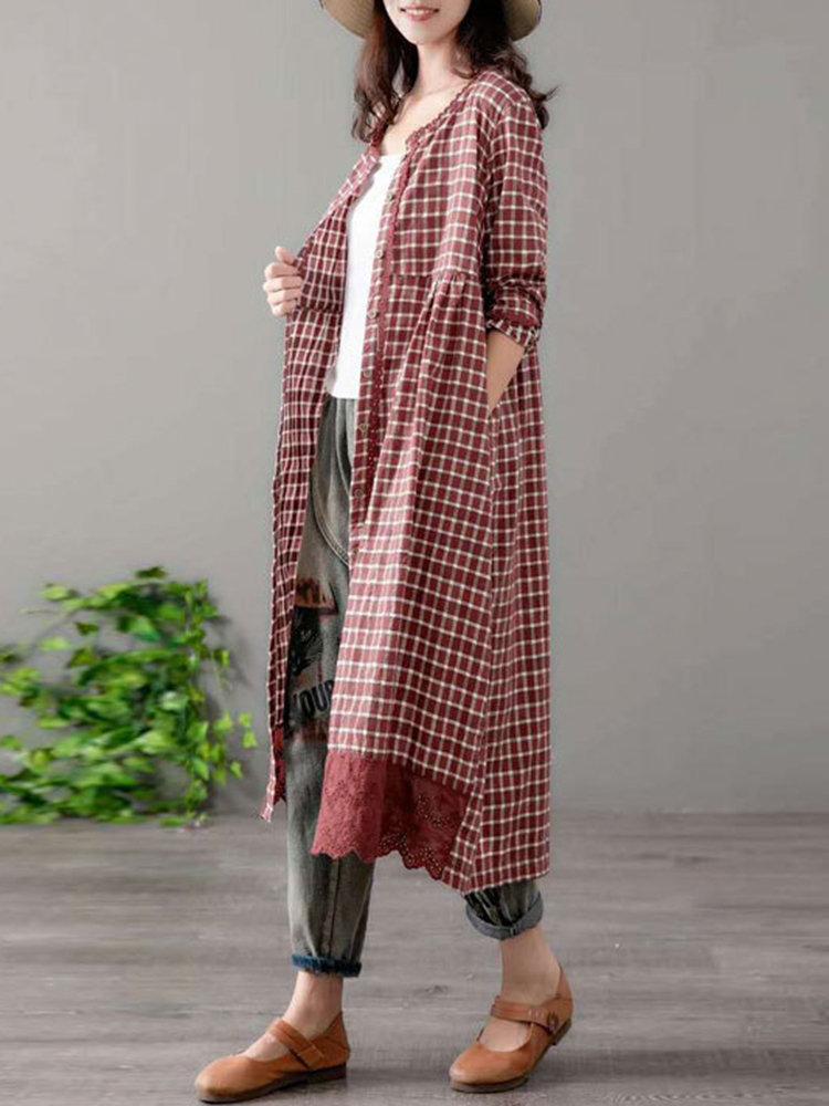 Plaid Embroidered Patchwork Long Sleeve Vintage Coat