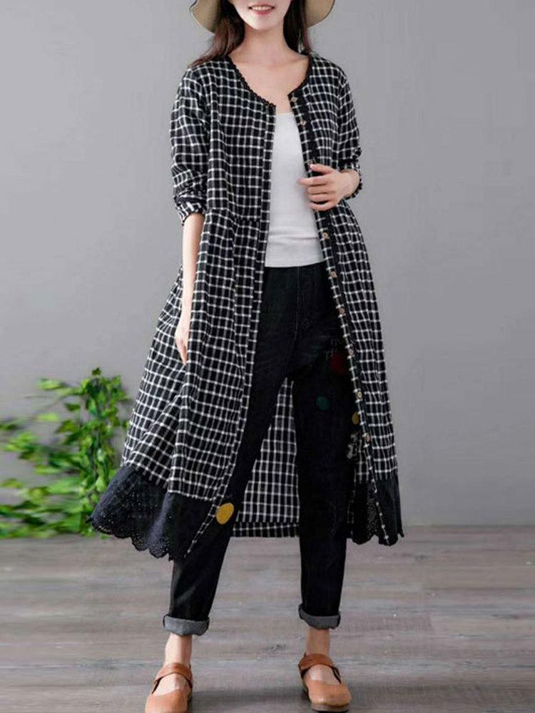 Plaid Embroidered Patchwork Long Sleeve Vintage Coat