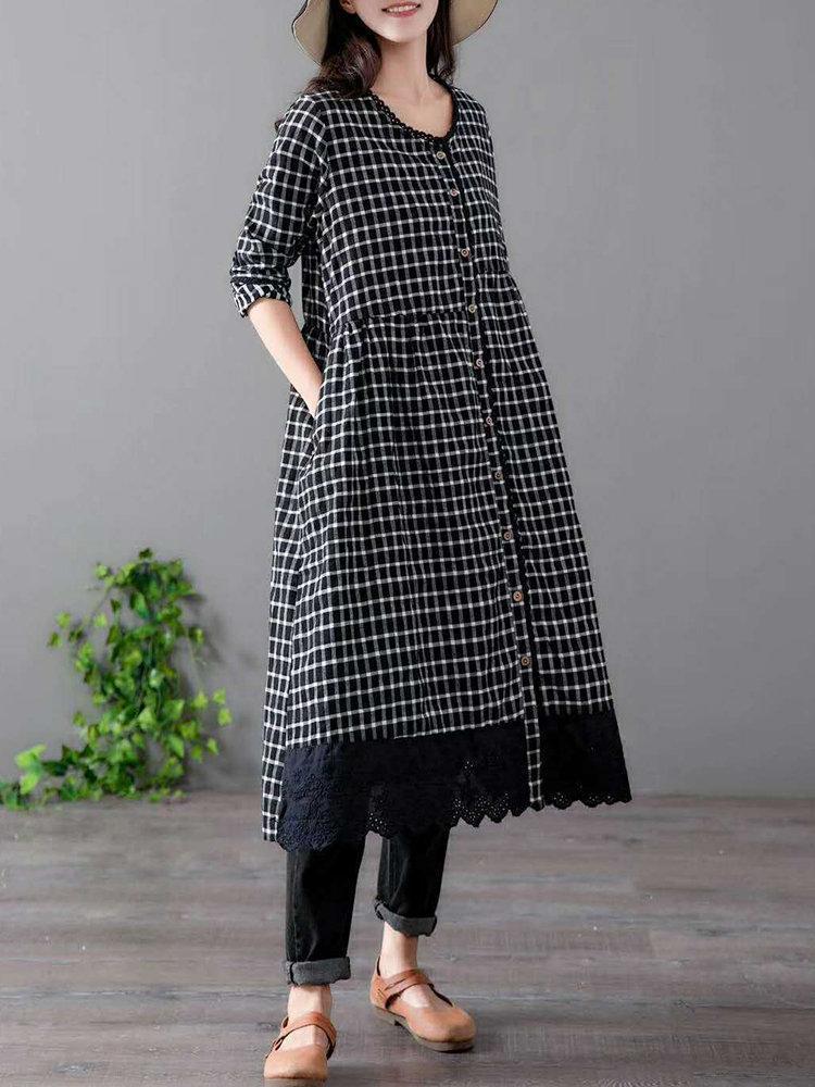 Plaid Embroidered Patchwork Long Sleeve Vintage Coat