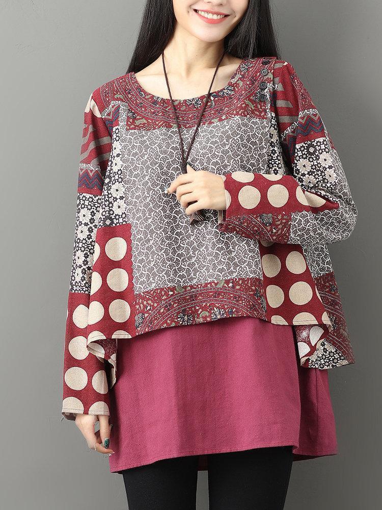 Casual Printed Two-Layer O-Neck Women Blouses